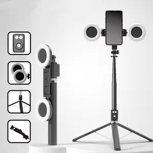 67Inch Aluminum Alloy Phone Selfie Stick with 2 Fill Light, Multifunctional Remote Control Selfie Stick, Live Streaming Tripod for Mobile Phone, Tripod Stand for Vlogging, Gimbal, Photography, Camera Cellphone Smartphone Black tripod ring light moving