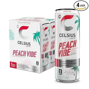 CELSIUS Sparkling Peach Vibe, Functional Essential Energy Drink 12 Fl Oz (Pack of 4)