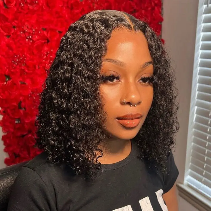 UNIKY Women's Deep Wave Bob Human Hair Wig, 6x4 Transparent Lace Closure, Glueless, Pre-Plucked, Pre-Cut, Chic Shape, Elastic Cap Hugs Securely, Deep Wave Bob, Chic Shape