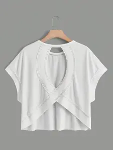 Women's Batwing Sleeve Loose Round Neck Hollow Back Short Sleeve Top, Breathable Sporty Casual Wear, Perfect for Sports and Leisure, Athletic Top, Fitness Sport Top