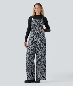 Halara Leopard Print Waffle Casual Overalls with Pockets