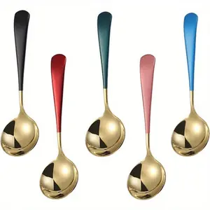 Stainless Steel Soup Spoon, 5 Counts Modern Thick Handle Cutlery Spoon, Dinner Metal Spoon for Soup, Cereal, Dessert, Milk, Tea, Coffee, Kitchenware, Utensils, Spoons Set