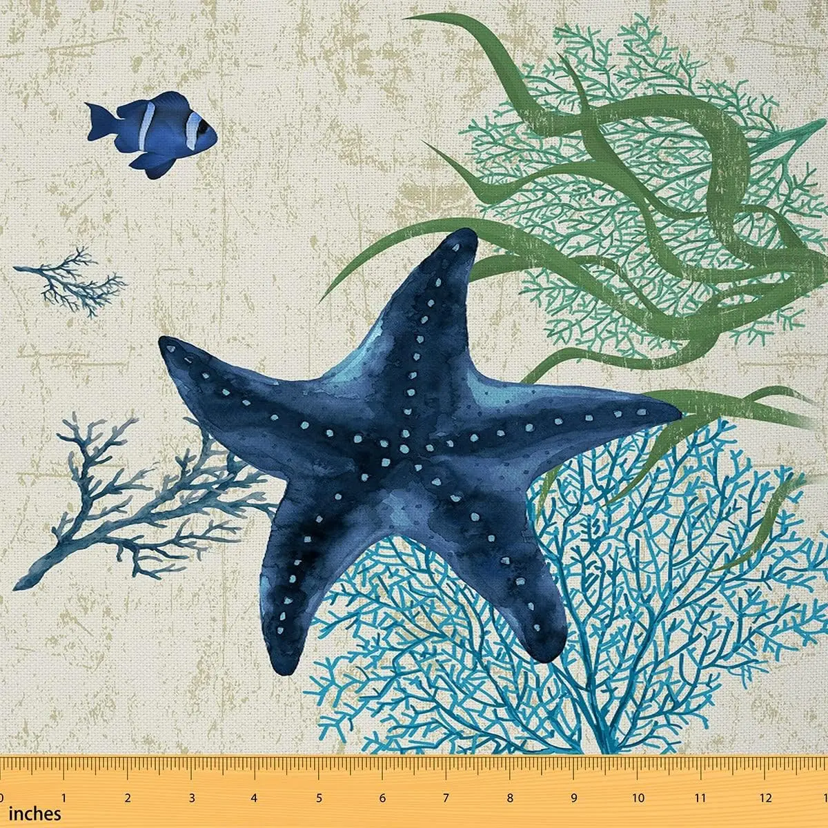 Feelyou Tight-Woven Nautical Fabric - 1yd Waterproof Polyester, Colorful Starfish Coastal Print, Coral Teal-Ocean Blue-Green Medium Weight, Furniture Upholstery Textile for Indoor-Outdoor Decoration & Design, Multi-Size