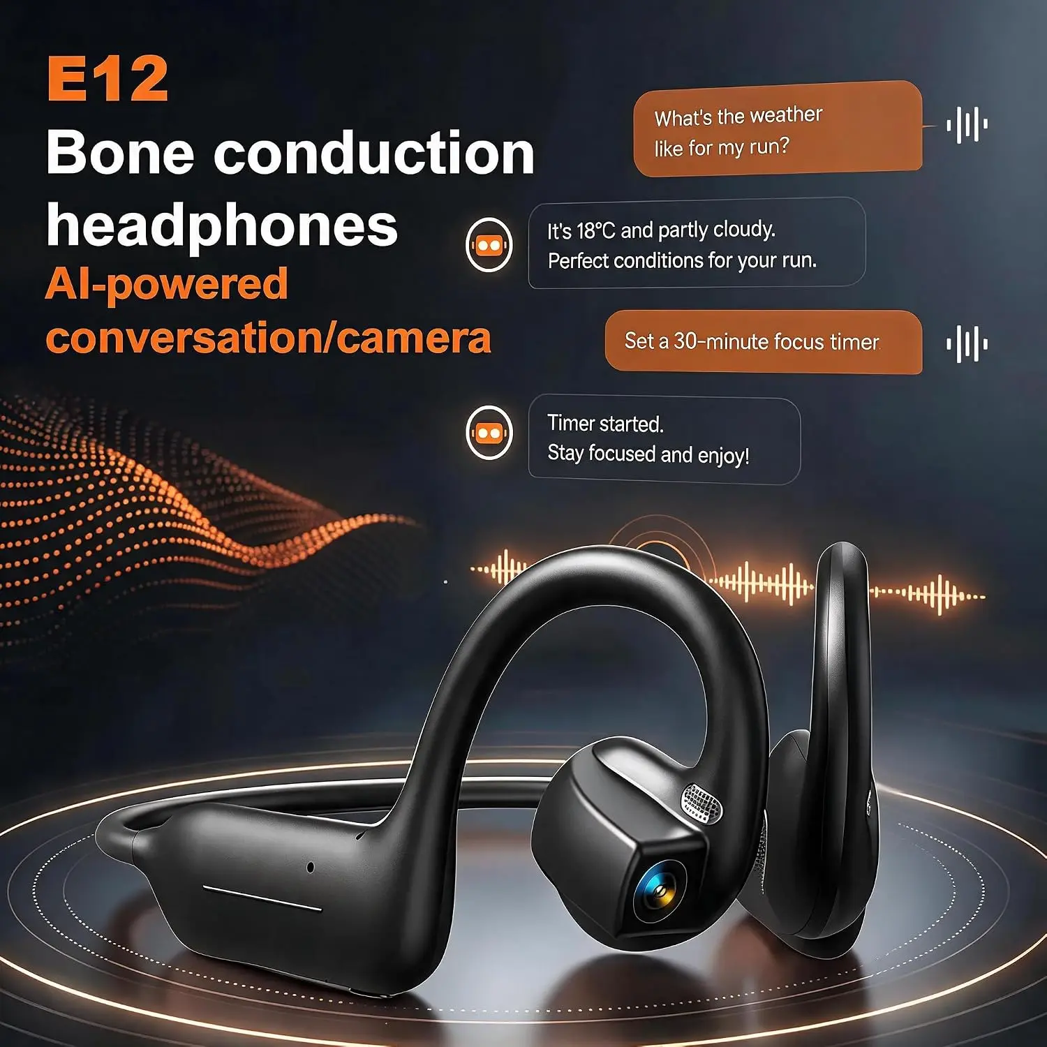 E12 Smart Bone Conduction Headphones with 8MP HD Camera, Bluetooth Open-Ear Audio, 160+ Languages Translation, EIS Video Recording, IP54 Waterproof, AI Wearable Headset for Travel, Cycling, Sports & Vlogging