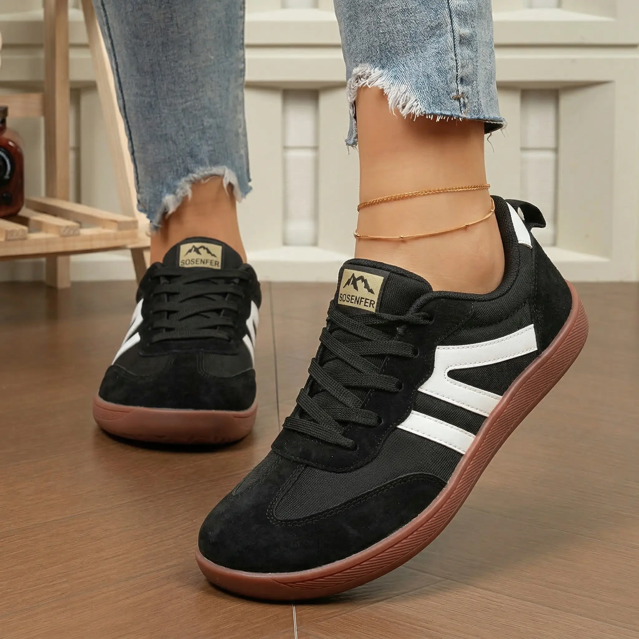 Sosenfer 2026 Women's Barefoot Body-Friendly Minimalist Slip-Resistant Urban Casual Trainers - Low-Top Round Toe Lace-Up, Fabric Upper & Inner Lining, Rubber Flat Sole, Comfortable for Gym, Running, JH.3787, Body-Friendly Casual Trainers