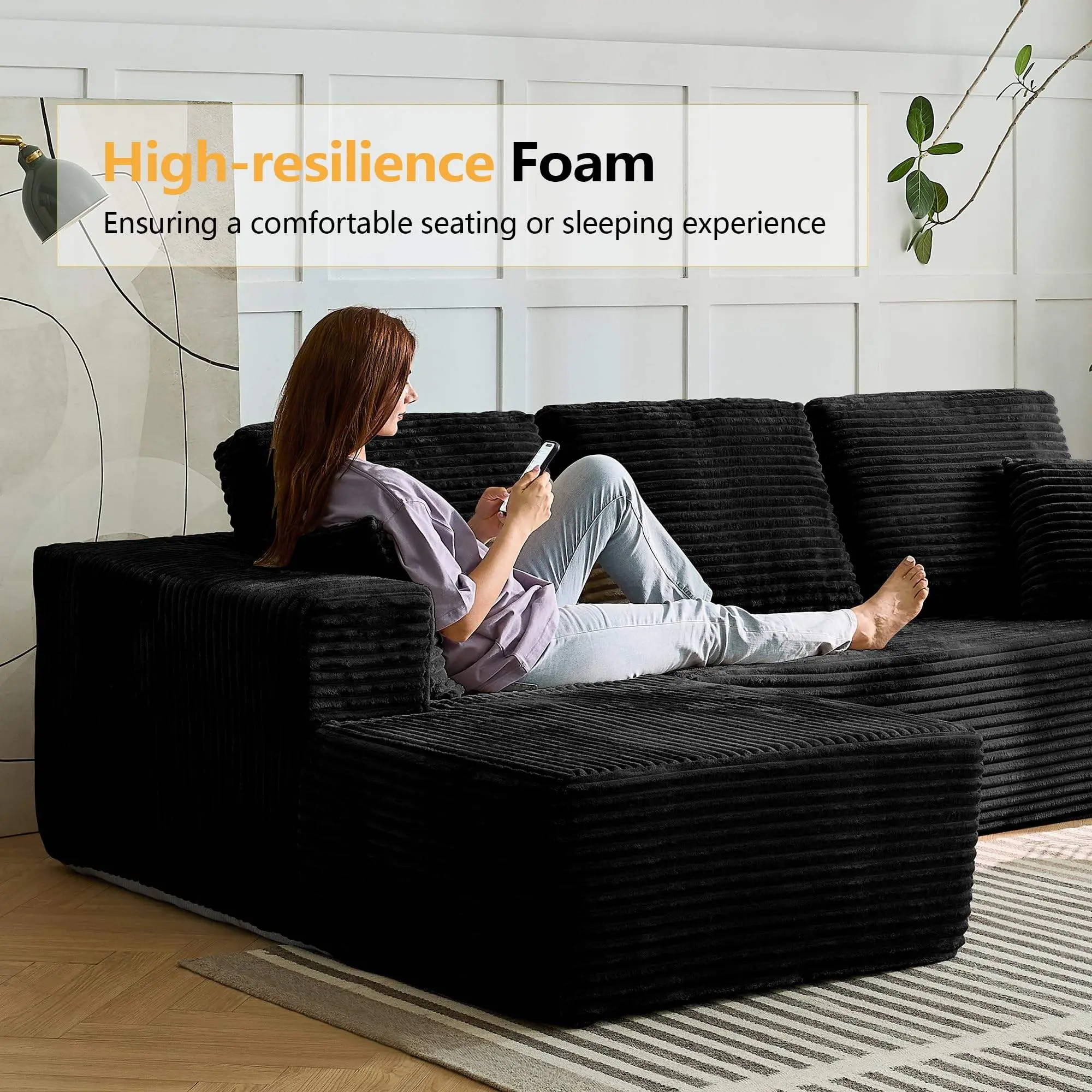 Ultra Plush Cloud-Like Corduroy Boneless Sofa Set, 3-Seat Convertible Sleeper Bed with Oversized Chaise, Down Blend Filling, No Assembly for Apartment & Living Room couch bean bag chair sectional comfy chenille deep seat sofa