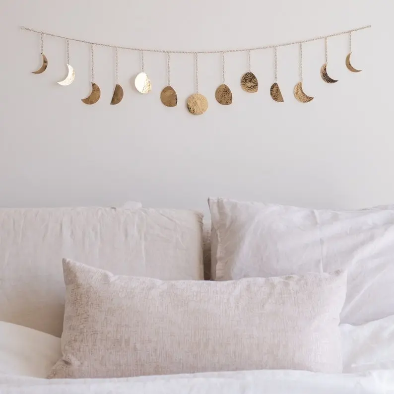 Moon Phase Wall Hanging, Moon Decor Handmade Hammered Phases of the Moon Cycle  (36" Gold Garland 13 Moons) , Boho Home Lunar Wall Art, Home Decor, Hanging Decor, New Home Gift