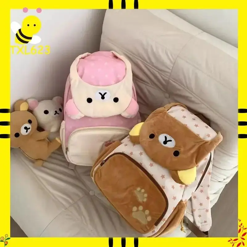 San-X Rilakkuma Kawaii Japanese Plush Backpack Large Capacity Bear Girl JK Lolita Style Schoolbag Cute Storage Bag for Girls