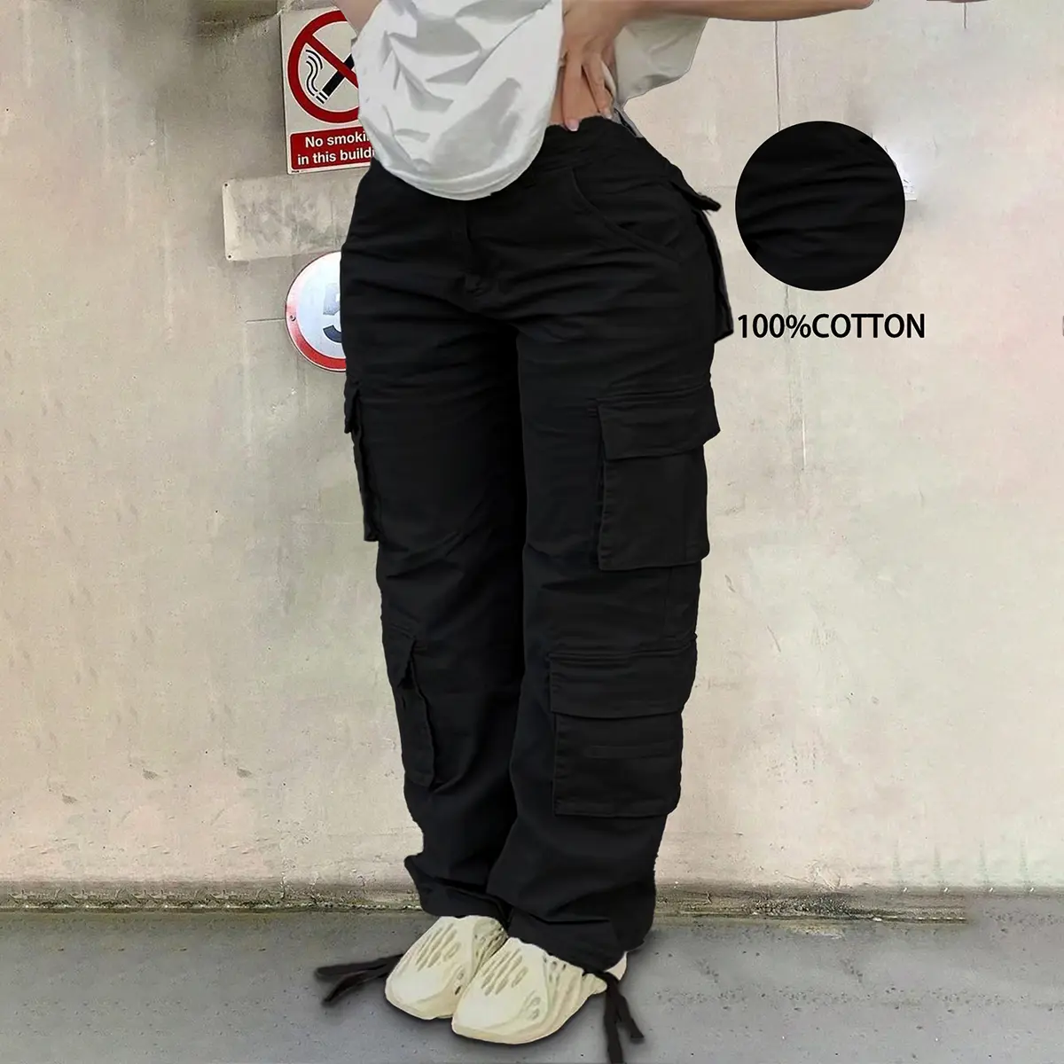 BF Women's 100% Cotton Baggy Cargo Pants High Waisted Multi Pocket Loose Straight Leg Parachute Pants Y2K Streetwear