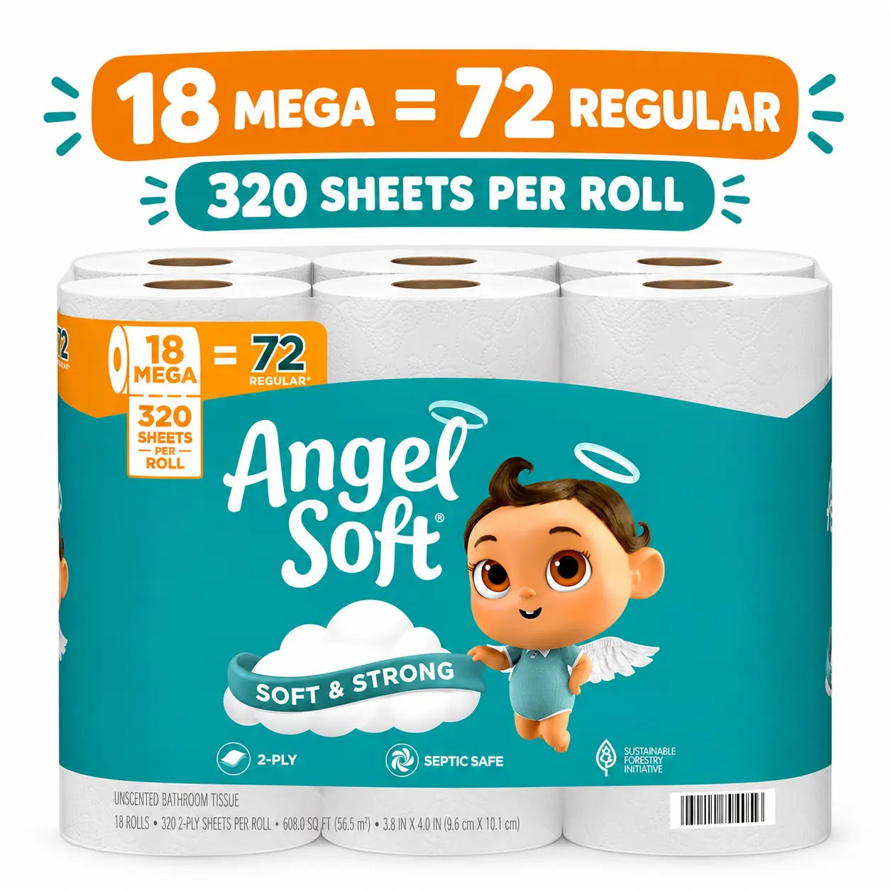 Angel Soft Toilet Paper Mega Rolls, Soft and Strong 2-Ply Toilet Tissue, 320 Sheets Per Roll, Septic Safe Toilet Rolls, Long Lasting Bathroom Tissue, Pack of 4, 12 or 18 Mega Rolls, Pack of 8 Regular Size Sheets Option