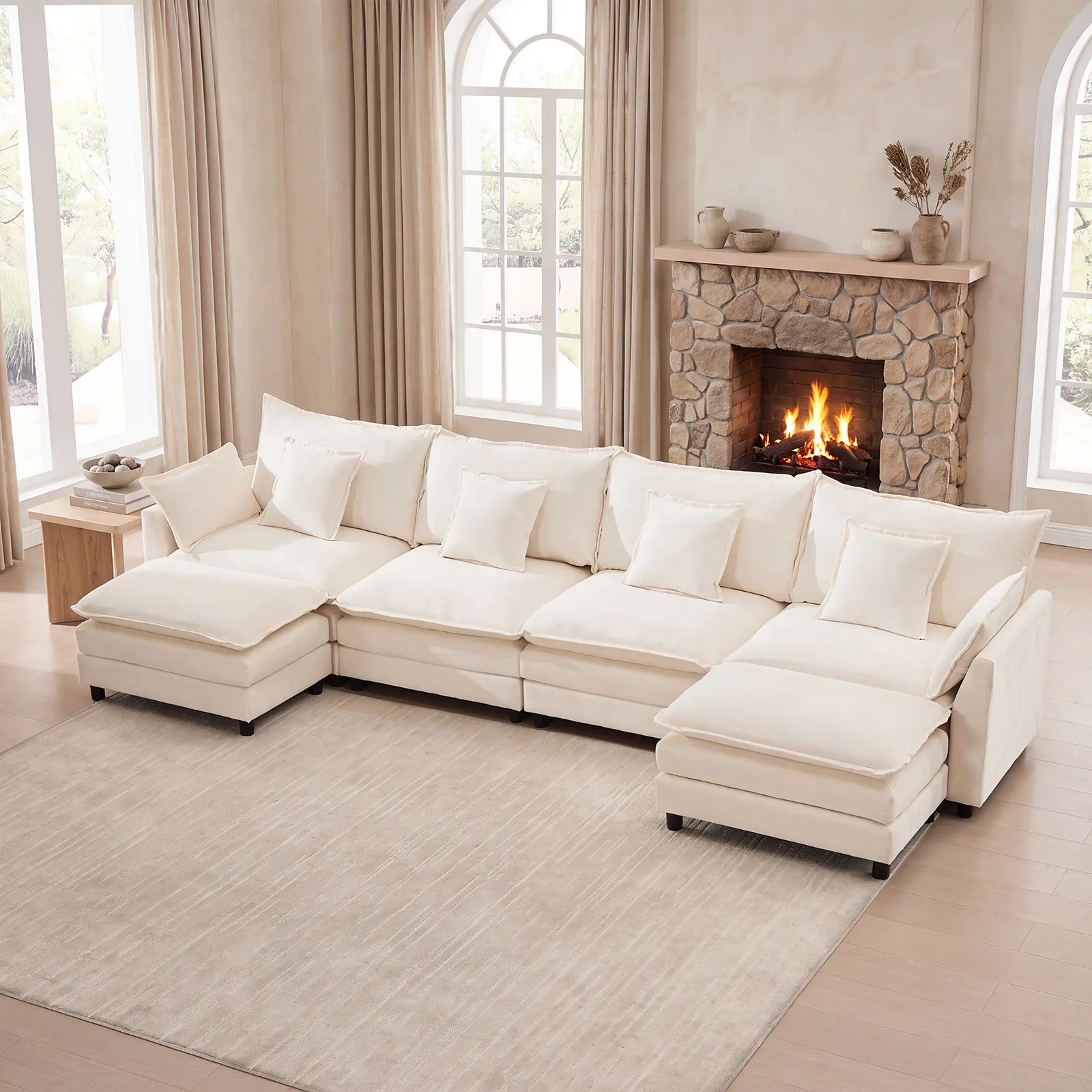 Rhevoy 146" Modular Sectional Sofa, Oversized U Shaped Cloud Couch with Extra Deep Seats, Convertible Chenille Sofa with Throw Pillows, Modern Luxury Modular Couches for Living Room Apartment, Beige