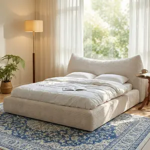 Raybee Full/Queen/King Size Cloud Bed Frame with Cat Ear Shape Headboard & Box Spring, Boucle Upholstered Mashmellow Bed Frame with Rounded Corner Design, Comfy & Soft Frame Bed Prevent Bumps for Modern Minimalist Bedrooms, Apartments, Guest Rooms,Beige