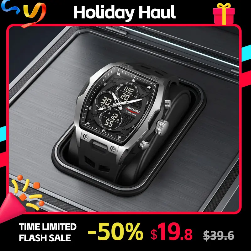 SKMEI Unisex Analog-Digital Skeleton Wristwatch - Barrel Sport Design, Lightweight ABS Case, Silicone Band, 5ATM Water Resistant, Dual Time Zone, Calendar, LED 1-Press Glow, Digital Wristwatch, Led One‑Press Glow