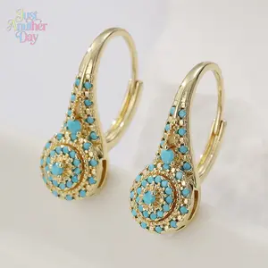 Turquoise Drop Hoop Earrings for Women, Vintage Style Gold Plated Ear Cuffs with Blue Stone, Unique Bohemian Dangle Earrings for Daily & Special Occasions