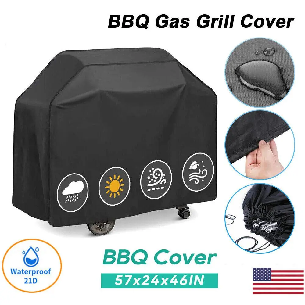 57 Inch BBQ Grill Cover Waterproof Heavy Duty, UV & Weather Resistant, Adjustable Hem & Click-Close Straps for Outdoor Gas Barbecue Grills
