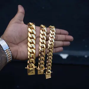 8/10/12/14mm 18k gold-plated  Width Heavy Mens Soild Cuban Link Chain Bracelet Brass Stainless Steel Miami Bangle Hip Hop Jewelry Gift