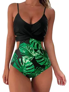 Women's Tropical Leaf Print Cut Out Tie Back One-Piece Swimsuit, Boho V Neck Sleeveless Swimwear for Beach Holiday Vacation, Ladies Summer Clothes
