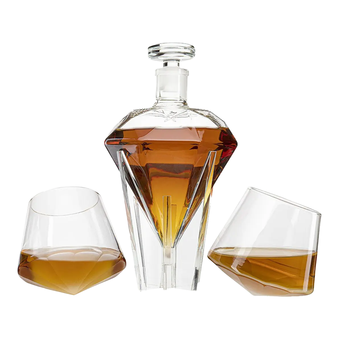 Crystal Decanter Set with Diamond-Shaped Stopper and Two Glasses