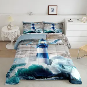 Feelyou Lighthouse Comforter Set - Teal Nautical Retro Vintage Coastal Decorative Bedding Set for Marine Beach Bedrooms, Featuring Sea Ocean Waves