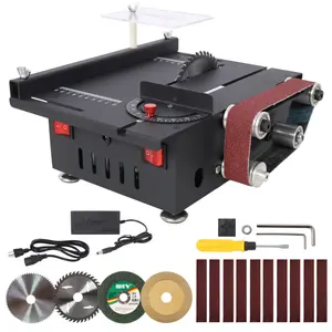Mini Table Saw,Belt Sander,4pcs Blades,10pcs Sanding Blet,7 Gear Adjustable 0-90 °   Angle, Available for Wood/PCB/Acrylic/Plastic,DIY Model Crafts Cutting Tool