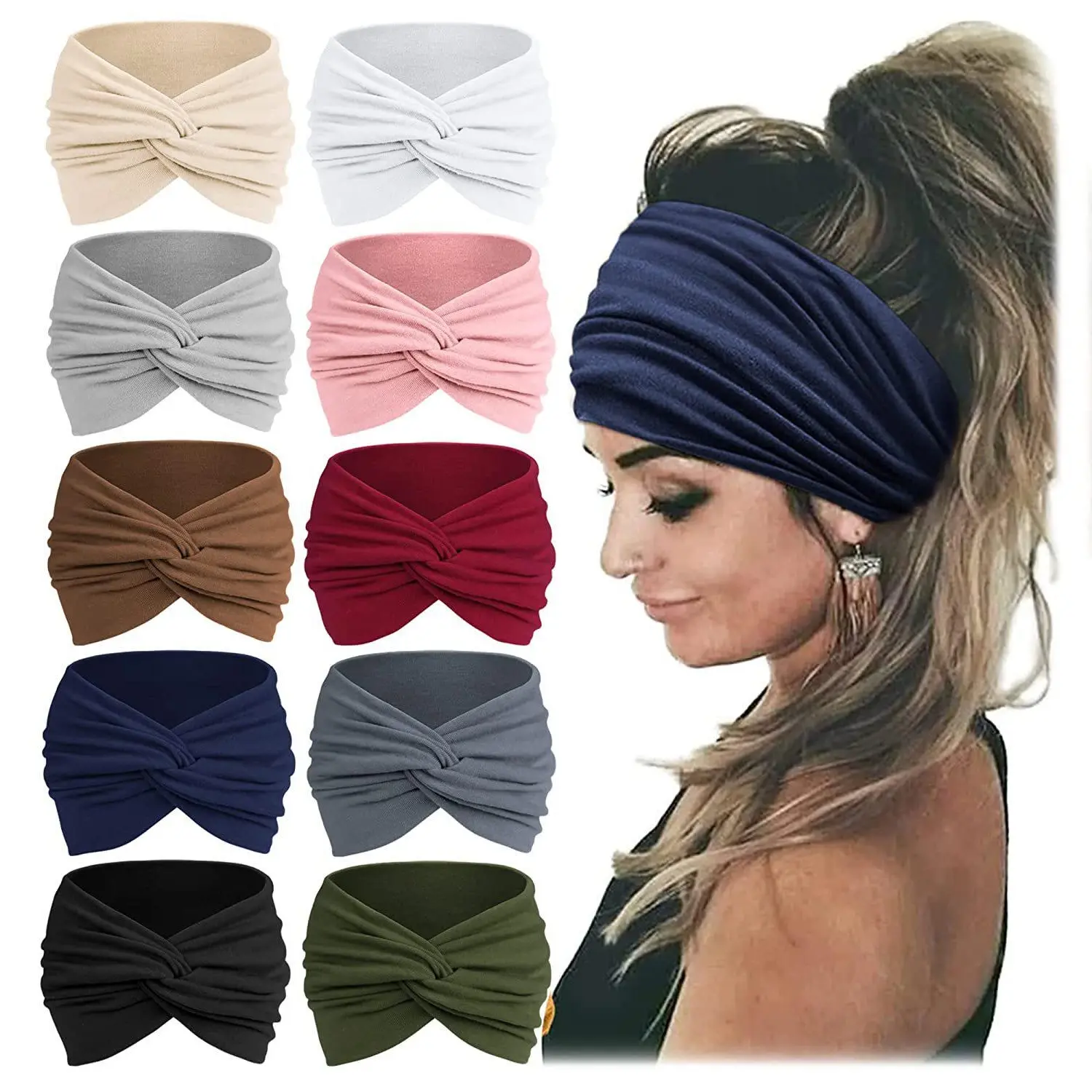 Women's 10-Pcs Stretchy African Wide Turban Headbands - Sweat Wicking, Non-Slip, Multi-Wear Head Scarves for Sport Workout, Christmas Party Gifts, Fashion Accessories, Sweat Wicking Headband