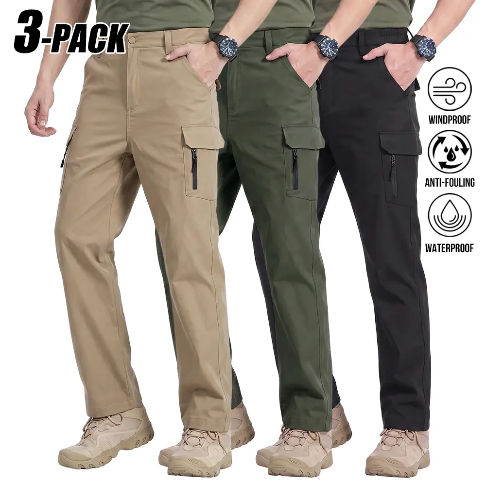 3-PACK Mens Outdoor Tactical Work Trousers, windproof waterproof anti-stain three-proof functional fabric, solid color zip cargo pockets breathable mountaineering daily wear