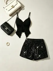 American Style Sexy Nightclub for Women, Sequined Tank Top and Shorts Set, Perfect for Beach Parties and Music Festivals