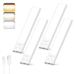【SummerVibes】4 Pack Motion Sensor Under Cabinet LED Lights, USB Rechargeable Battery Powered Wireless Magnetic LED Strip Lights, Stick-On Night Light for Kitchen Counter Closet Wardrobe Cupboard Stair, Auto Shut-Off, Eye-Care Soft Gradual Brightness