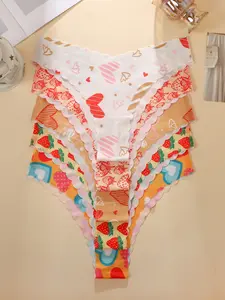 5-Pack Seamless Heart Strawberry Print Panties, Comfortable Breathable Antibacterial Fitted, Sweet Girl Lace Triangle Underwear