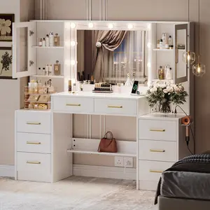 58.3”Vanity Desk with Mirror and Replaceable Lights & Charging Station,Bedroom Dressing Table,Large Vanity Set,8 Drawers and 2 Cabinets,Makeup Vanity Table with Charging Station,Without Stool,White/Black/Pink