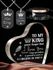Couple Pendant & Bracelet Set with 'her King/his Queen' Engraving, Acrylic Heart Ornament, Love Heart Necklace, Valentine's Day Gift, Romantic Present