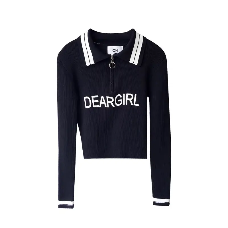 Black and White "Dear Girl" Zip-Up Crop Sweater with Polo Collar, Black Color, Bold Graphic Design, Preppy & Playful Style - Hoodie, Cropped, Fit, Feminine, Jeans, Pullover, Womenswear