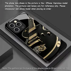 Black Gold Pattern Guitar Design Glass Casing - New Black Protective Cover with Protection, Mobile Phone Accessory for iPhone 11,12,13,14,15,16,17 Plus Pro Max