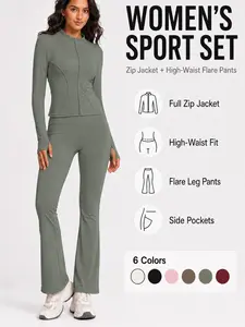Women's Sport Set 2 Piece Outfits, Slim Fit Athletic Running Zip Up Jacket and High Waist Flared Yoga Pants Tracksuit with Pockets