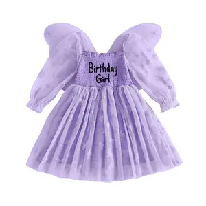 Toddler Baby Girl Birthday Dress Letter Embroidered Long Sleeve Tulle Patchwork DressES with Detachable Butterfly Wings Casual Spring Outfits Clothes