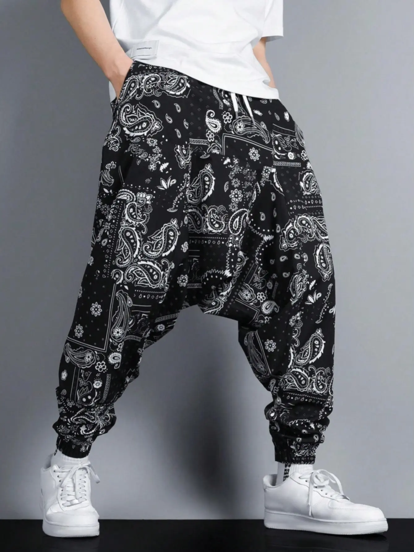 Men’s Relaxed-Fit Drop Crotch Paisley Joggers - Aesthetic, Alt-Fashion, Cozy, Hippie, Mix-and-Match Men’s Pants Blending Boho Vibes with Streetwear Style for Everyday Casual, Trendy Outings, Aesthetic Men's Pants