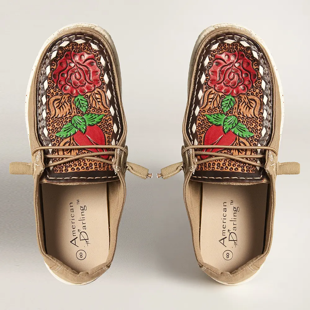 American Darling Hand tooled, carved genuine leather trim lightweight shoe footwear, slip on| Tooled Footwear