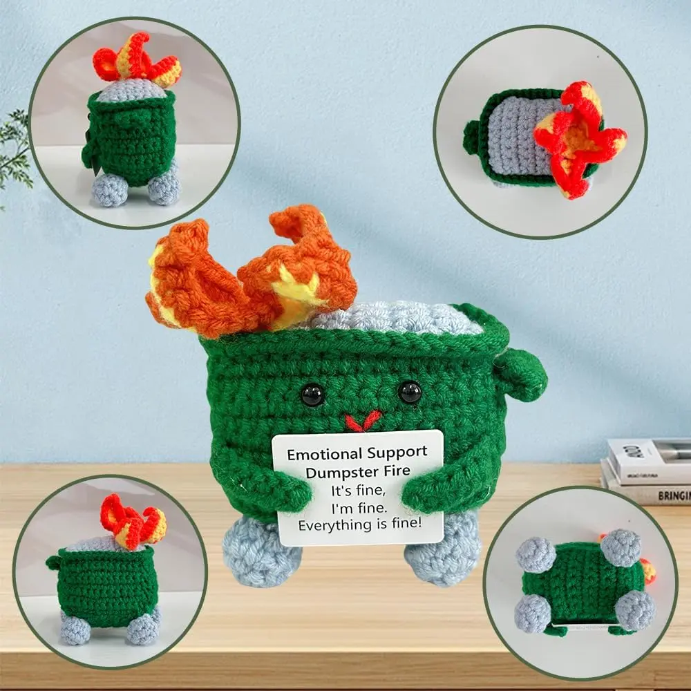 Modern Emotional Support Crochet Dumpster Fire Toy with Positive Card, Cute Green Home Decor Knitted Support Toy, Gift for Friends, Support Toys