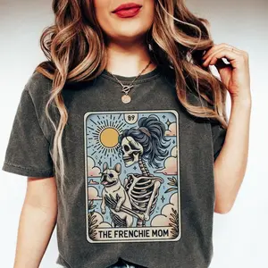 [Sale Up To 50%] French Bulldog Shirt, Comfort Colors Frenchie Dog Mom Tarot Card T-shirt, French Bulldog Skeleton Tee, Fall Halloween Dog Tee