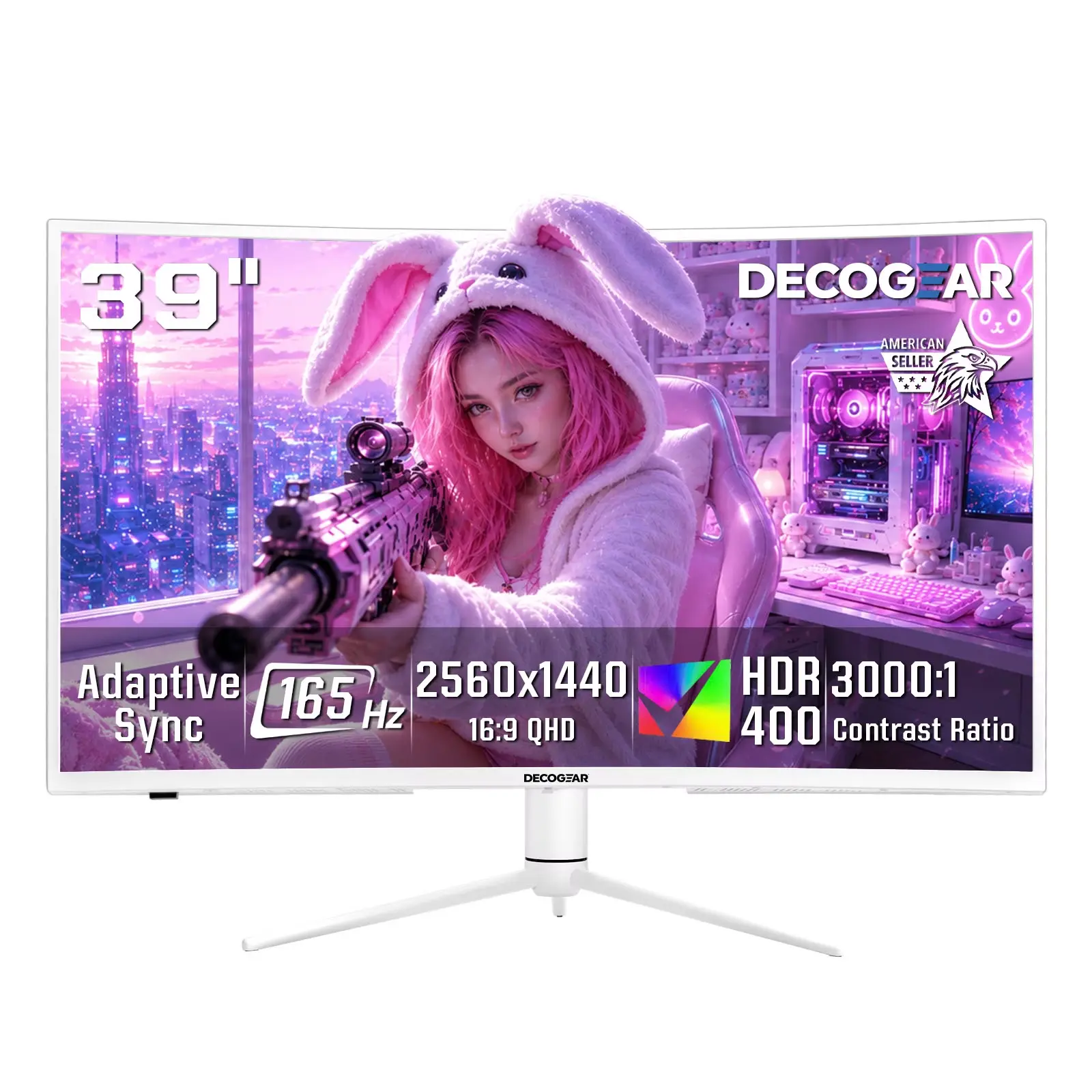 Deco Gear 39" Curved Widescreen Gaming Monitor, 2560×1440 QHD, 165Hz, 1ms MPRT, HDR, Adaptive Sync, 3000R Curve, HDMI, DisplayPort, Tilt Swivel Height Adjust, White