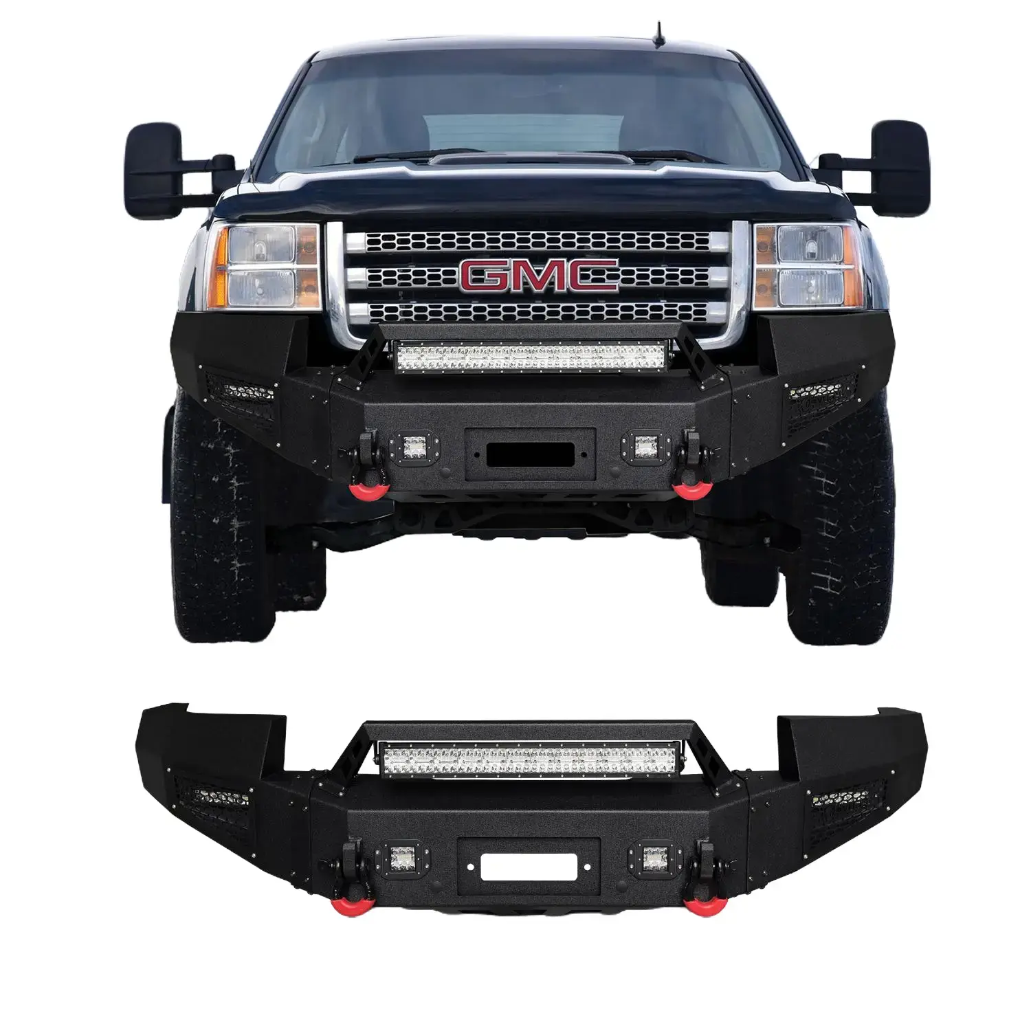 Vijay Custom Fit Black Texture Metal Truck Front Bumper for 2011-2014 GMC Sierra 2500/3500, with Winch Plate, LED Lights, 2 D-Ring Mounts, Enhanced Off-Road Performance, Towing & Recovery Support, Simple Screw Installation