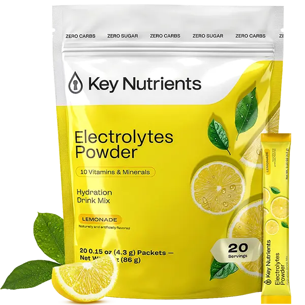 KEY NUTRIENTS Electrolytes Powder Packets - Multivitamin Lemonade 20 Pack Hydration Packets - Travel Hydration Powder - Improved Refreshing Taste - Made in USA - No Sugar, No Calories, Gluten Free