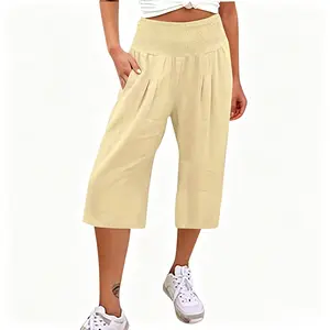 Summer women’s cotton-linen lightweight breathable casual pants with loose legs that don’t restrict movement, a waist-cinching design that hugs the body shape, ideal for strolling and casual wear.