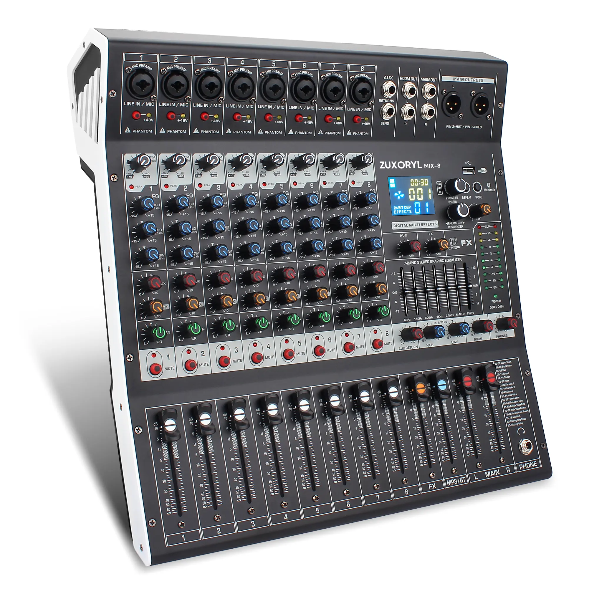 Professional 8-Channel Digital Audio Mixer Kit - Bluetooth, USB Port, XLR/RCA Ports, Individual Mute Switches, 99 DSP Reverb Effects, 99 DSP Sound Boost, 48V Phantom Power, 7-Band EQ, for Stage, Beginner-Friendly Streaming Smartphone