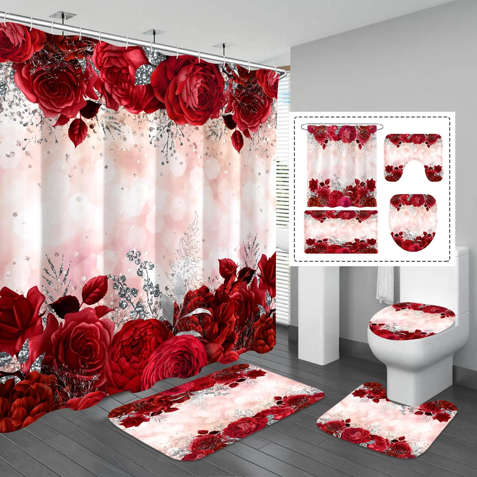 1/4pcs Rose Pattern Bathroom Decor Set, 4 Counts/set Including Shower Curtain & Toilet U-shape Mat & Bathroom Mat & Toilet Lid Cover, Bathroom Decor Supplies, Bathroom Decoration Accessories, Shower Curtain Sets