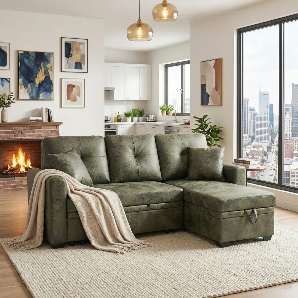 Olive Green Breathable Fabric L-Shaped Sleeper Sofa Sectional - 71.00 x 50.00 x 34.00 inches, Pull-Out Bed, Reversible Chaise, Storage, Tufted Backrest, With Cushion, Small Space Solution, Hosting Overnight Guests, Living Room Indoor Furniture