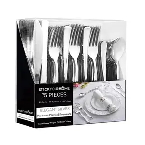 75 Pieces Heavy Duty (Silver) Plastic Silverware Set, Disposable Cutlery Set, Great for Parties, Weddings, and Catering, Flatware Utensils Included: 25 Forks, 25 Spoons, 25 Knives, Stock Your Home