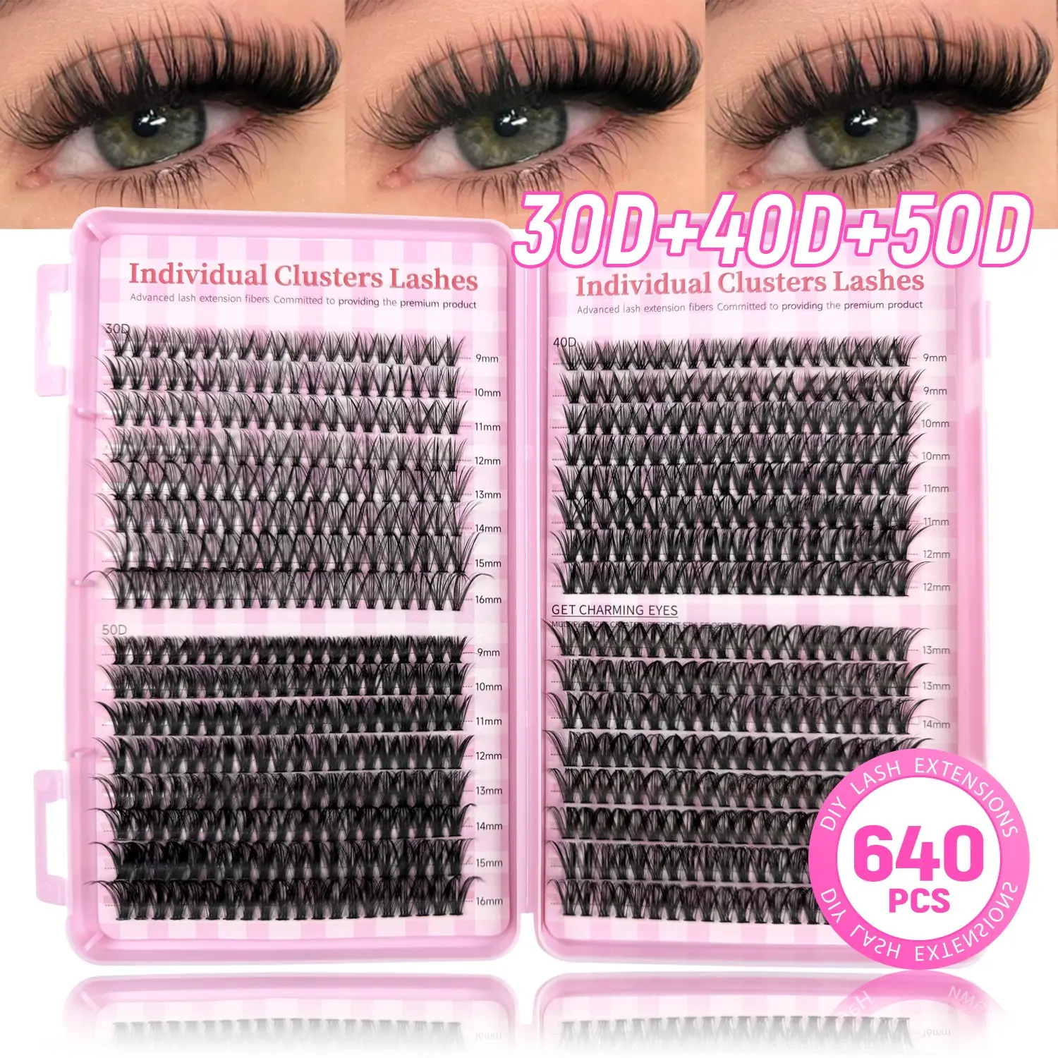 640 Pcs D Curl Lash Clusters, Individual Eyelash Extensions 30D/40D/50D, 9-16mm Mixed Length, Natural-Looking Soft Lightweight Fluffy Eyelashes, DIY Beginner-Friendly, Reusable False Lashes