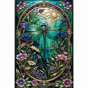 Stained Glass Style Dragonfly Diamond Painting Kit, art nouveau turquoise dragonfly with wildflowers and lavender, vintage stained glass effect wall art, 5D round & square rhinestone diamond embroidery cross stitch DIY home decor