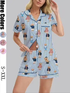 Women's Bear Print Pajama Set, Soft Shirt Short Sleeves & Elastic Shorts, Casual Fitted Sleepwear for All Seasons, Home Wear, Loungewear